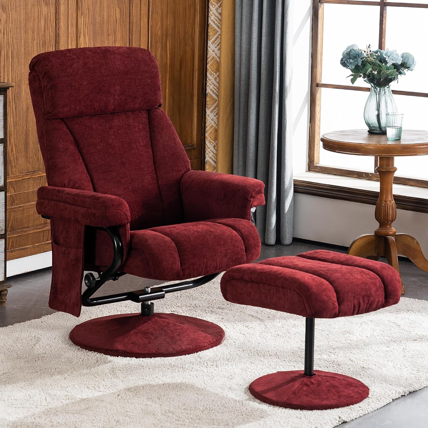Red recliner chair with ottoman in a living room setting