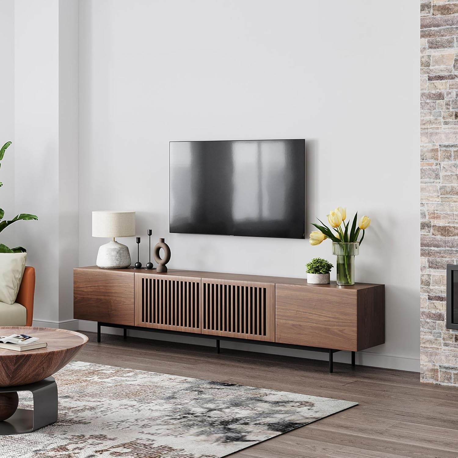 Solid Wood TV Stand For 70 To 75 Inch TV With Walnut Veneer