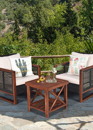 3 Pieces Outdoor Patio Furniture Set Wicker Chairs with Coffee Table, Balcony Porch Furniture Bistro Set with Wood Frame and Washable Cushions for Garden Poolside Backyard-1