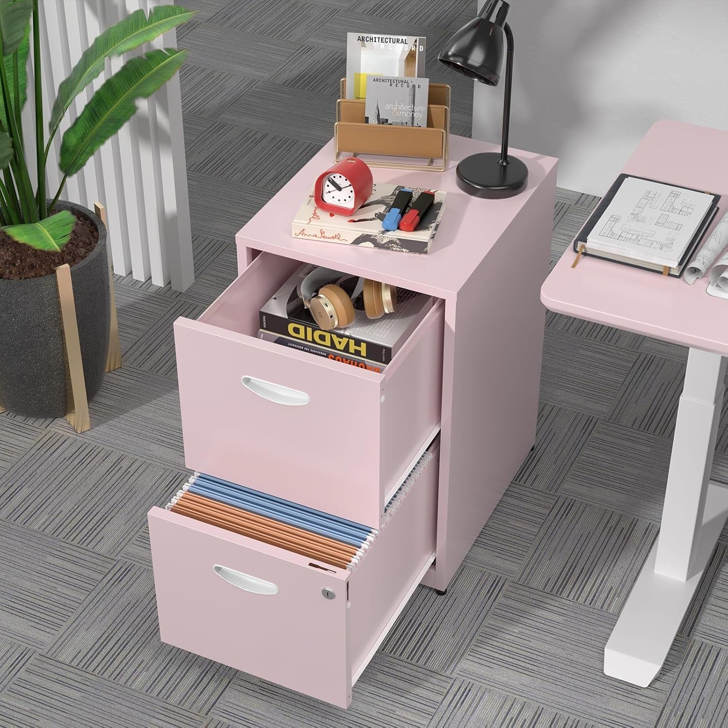 2 Drawer File Cabinet with Lock, Metal Vertical File Cabinets, 18"D Pink Storage Filing Cabinet for Home Office, Steel Light Duty Locked 2 Drawer File Cabinets for Letter Size Files, Assembly Required