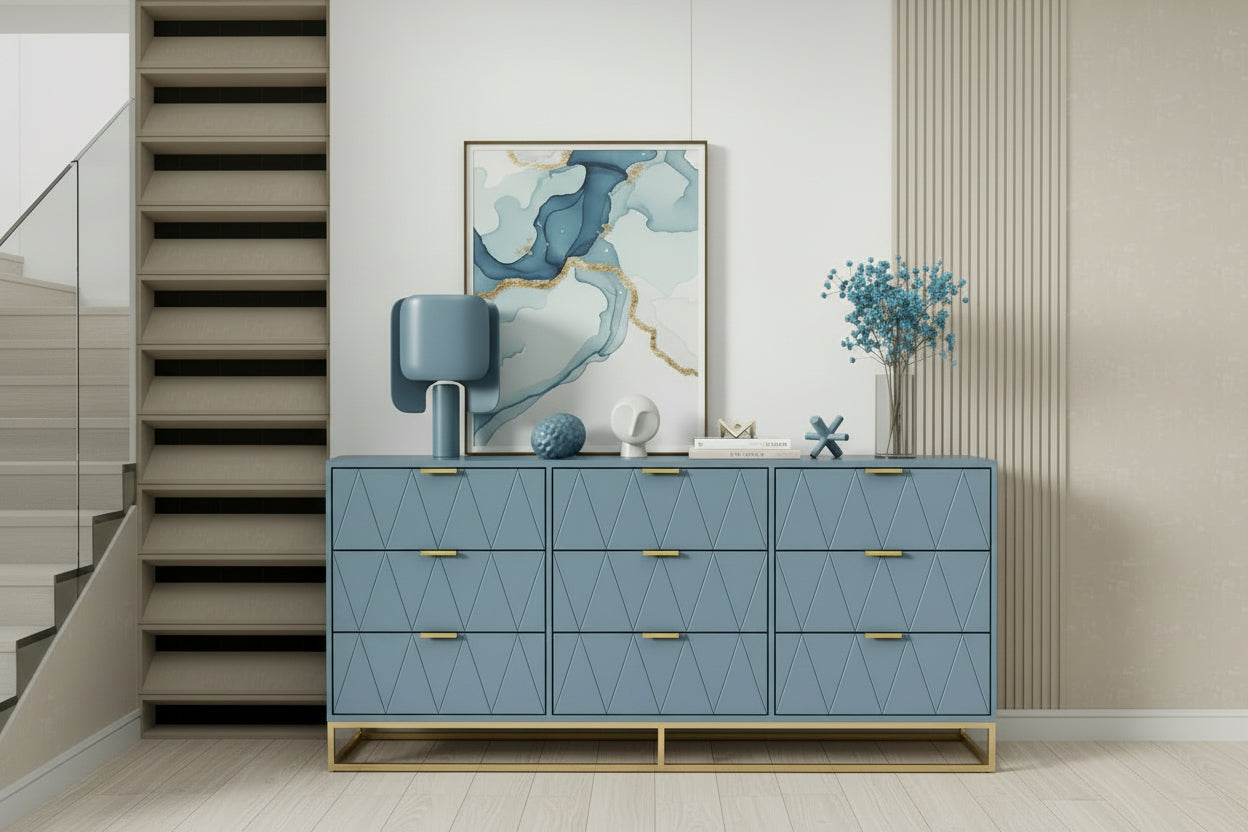 Hardy Haus Blue Industrial Walnut-Finish 9-Drawer Dresser | Wide Storage Chest