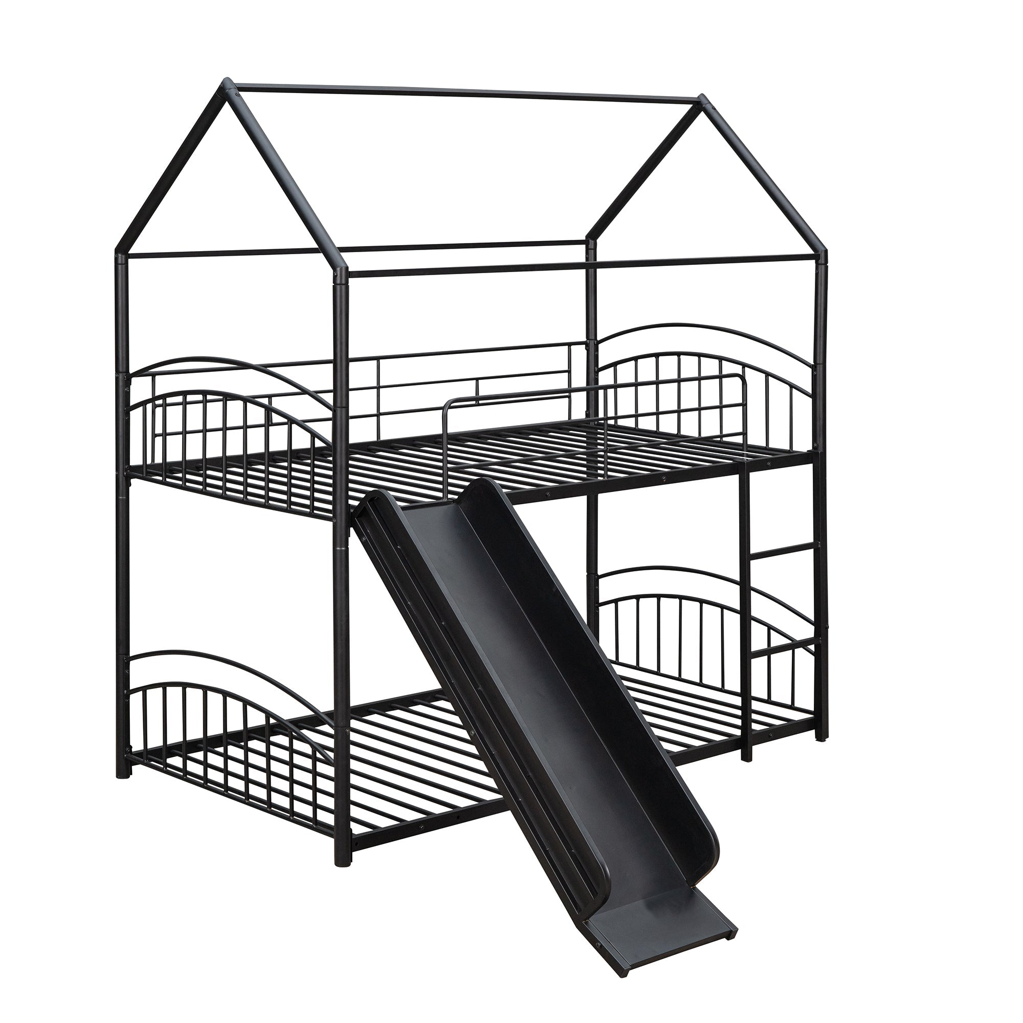 Twin Over Twin Metal Bunk Bed With Slide, Kids House Bed