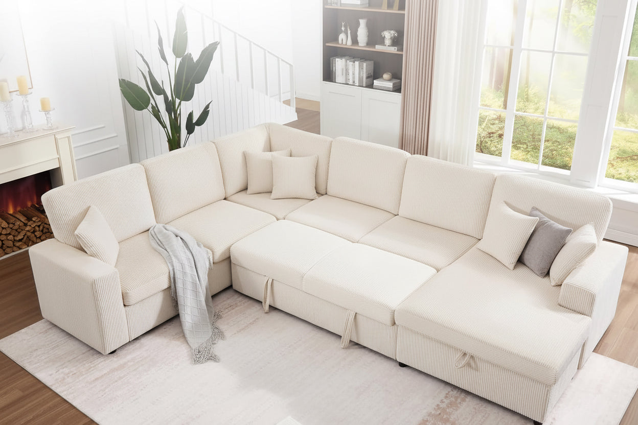 Sectional sofa with people sitting on it in a living room setting, emphasizing extra space and comfort.