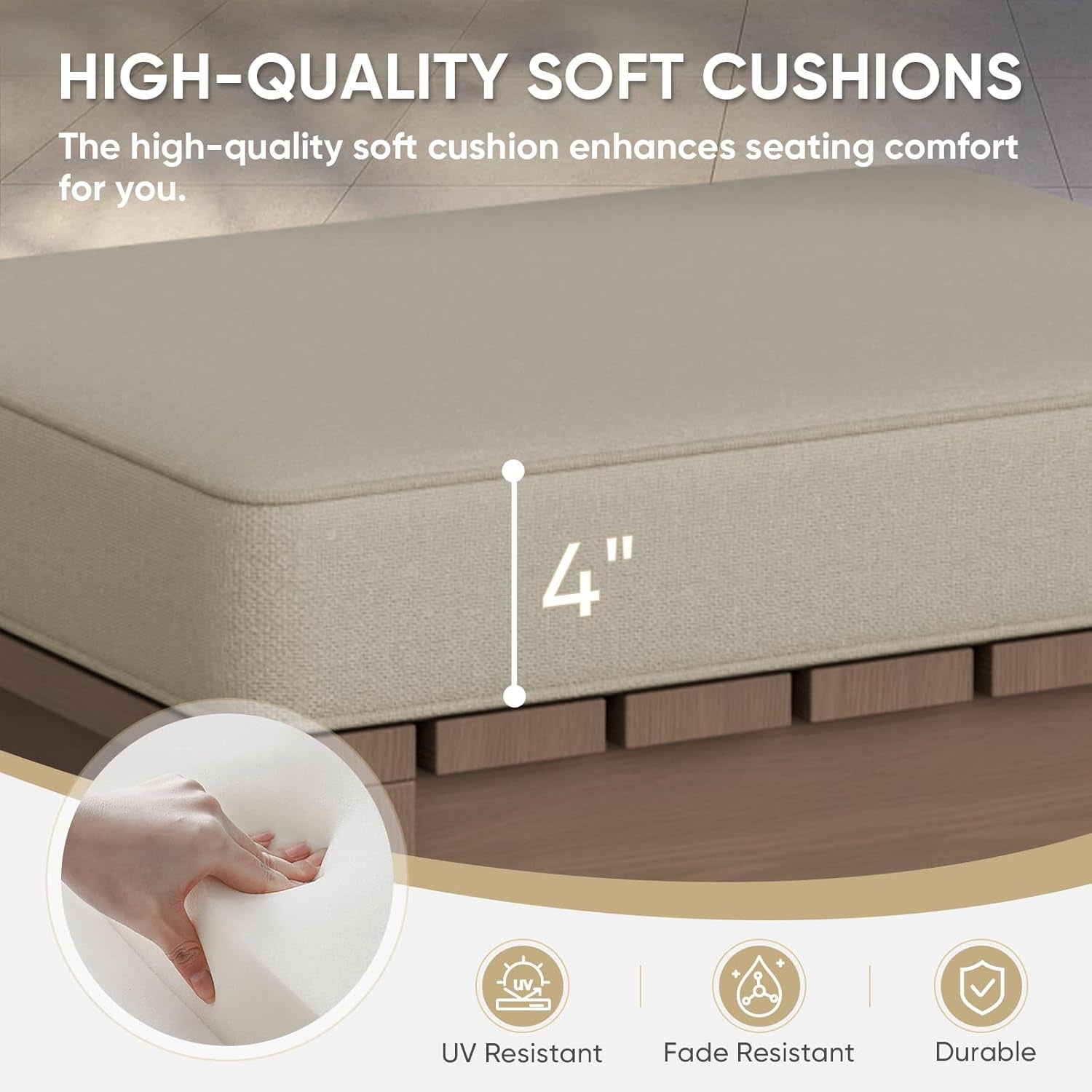 High-quality soft cushion with dimensions and durability features on a wooden surface.