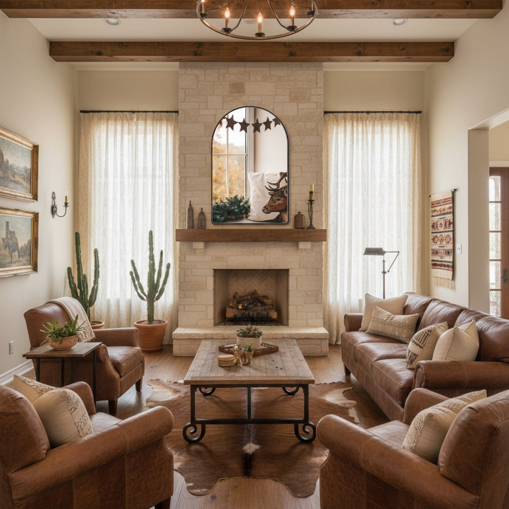 Cozy living room with Christmas tree, fireplace, and decorative mirror.