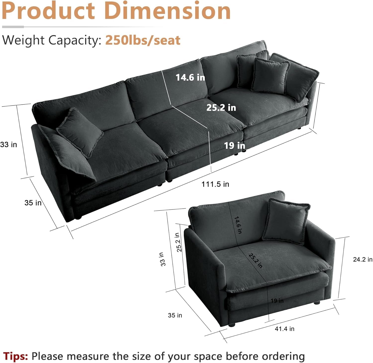 Gray sectional sofa with dimensions and weight capacity information on a white background