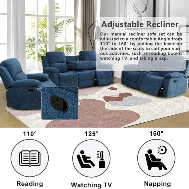 3 Seater Recliner Sofa Couch Modern Manual Reclining Sofa Fabric Reclining Sofa Living Room Couch with Dual Cup Holders and Drop down Table for Living Room/Office/Rv Car (Blue, 3 Seater Sofa)