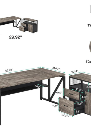 L Shaped Desk with Drawer Cabinet, 63" Executive Computer Desk and Lateral File Cabinet, 2 Piece Home Office Furniture with Drawers for Hanging File, Doors with Locks (Gray, 63 Inches)-1