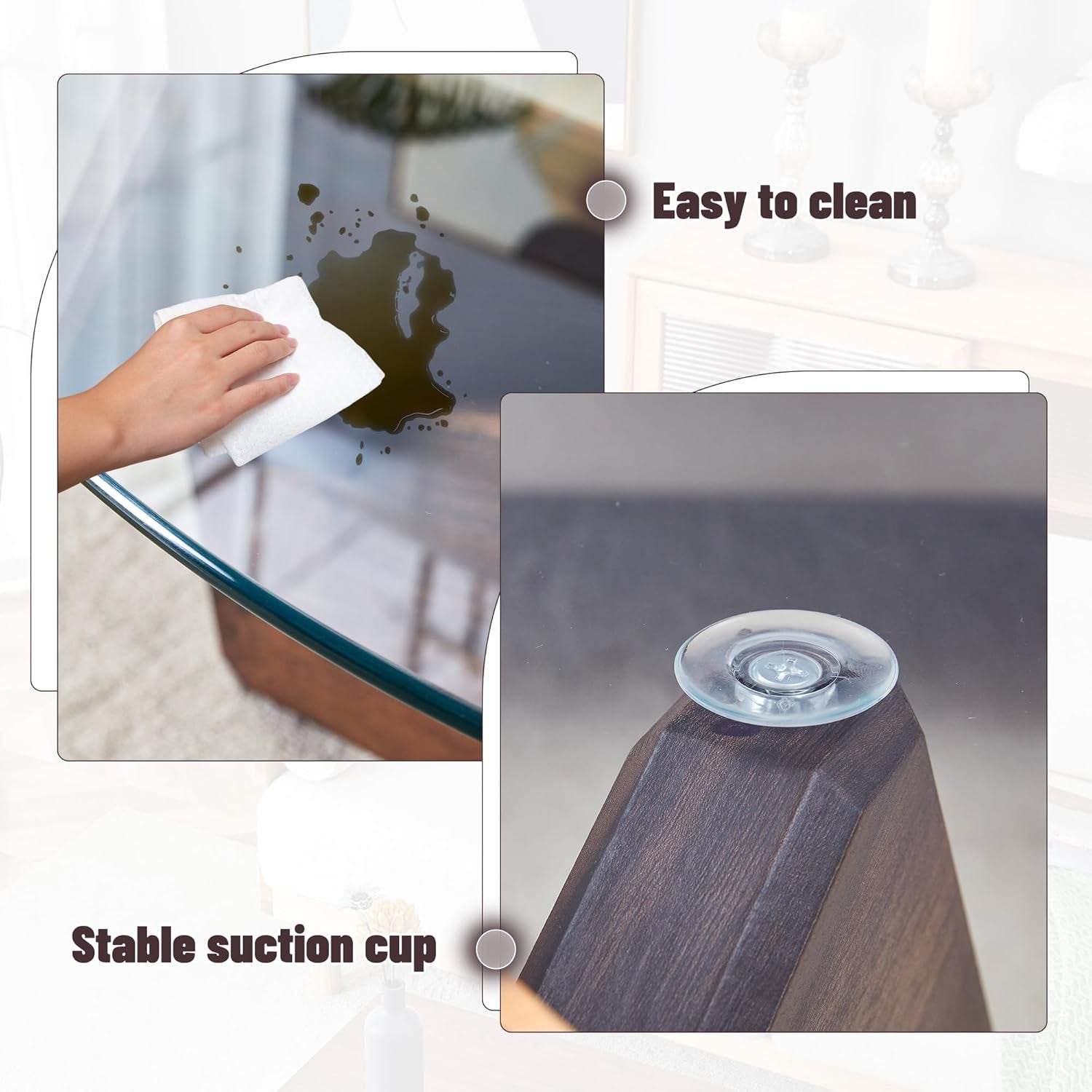 Product with stable suction cup and ease of cleaning feature shown on a glass surface.