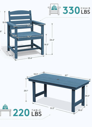 7-Piece Patio Dining Table Sets, Outdoor HDPE Dining Furniture Set with Umbrella Hole Cut-Out Table and 6 Chairs, Blue-1