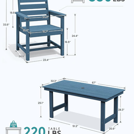7-Piece Patio Dining Table Sets, Outdoor HDPE Dining Furniture Set with Umbrella Hole Cut-Out Table and 6 Chairs, Blue-1