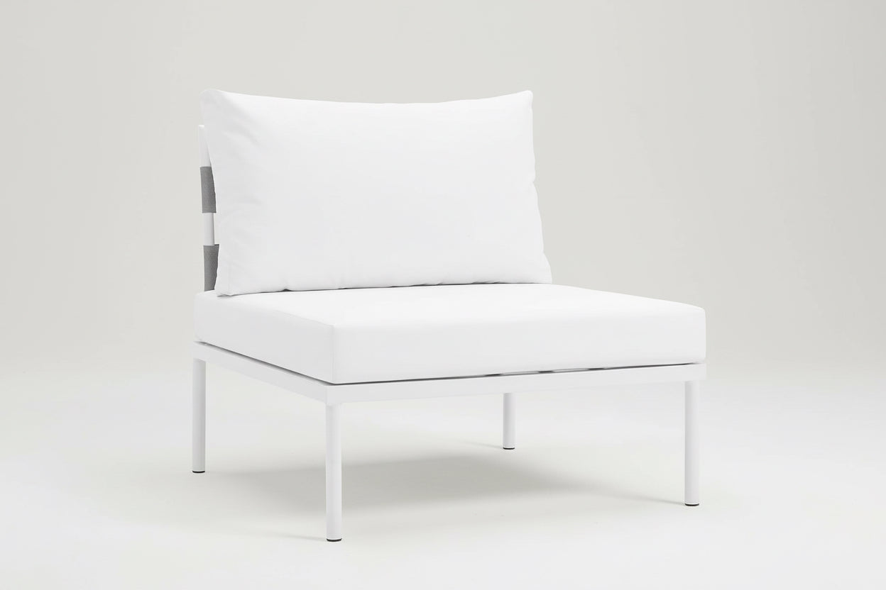 White outdoor chair with cushions on a white background