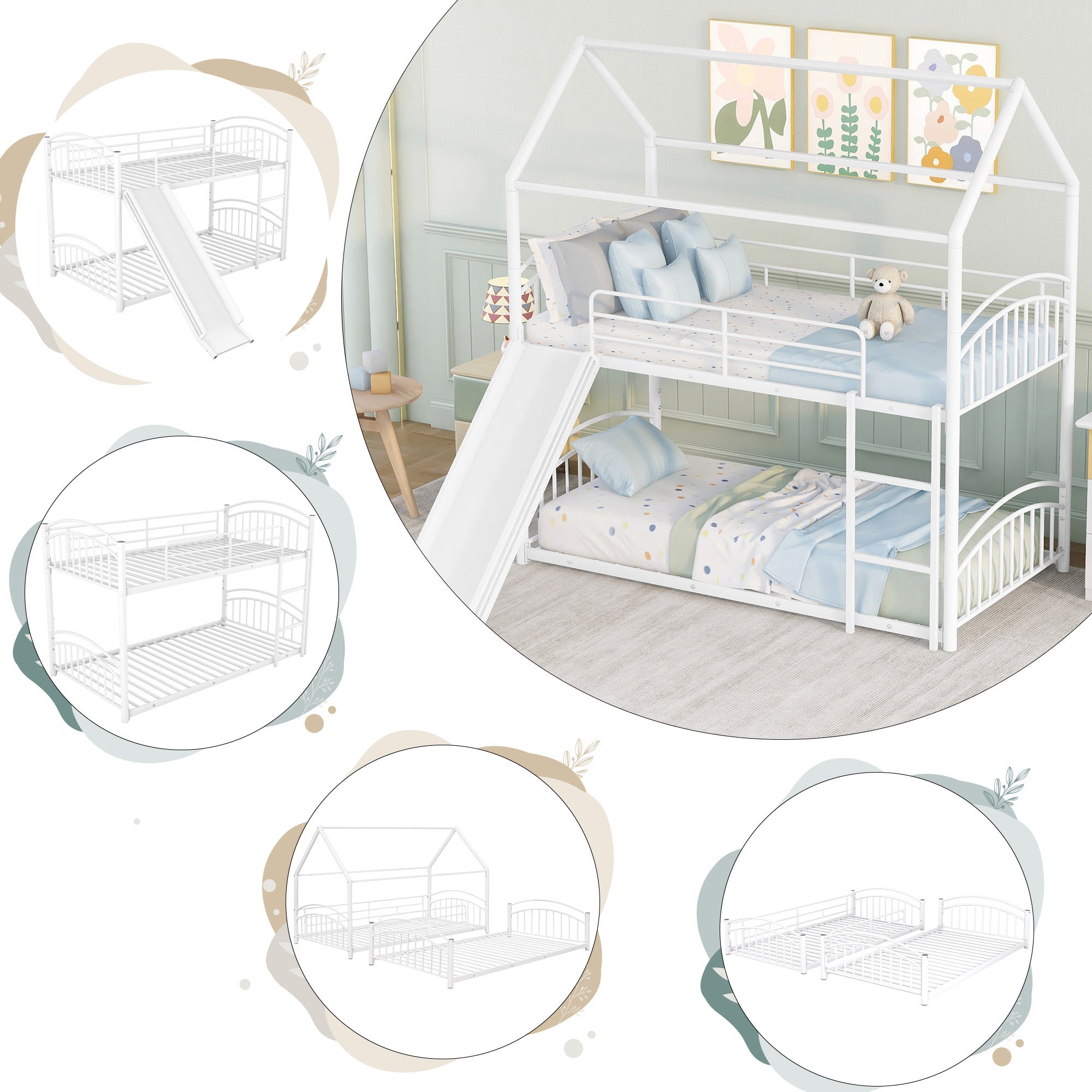 Twin Over Twin Metal Bunk Bed With Slide, Kids House Bed