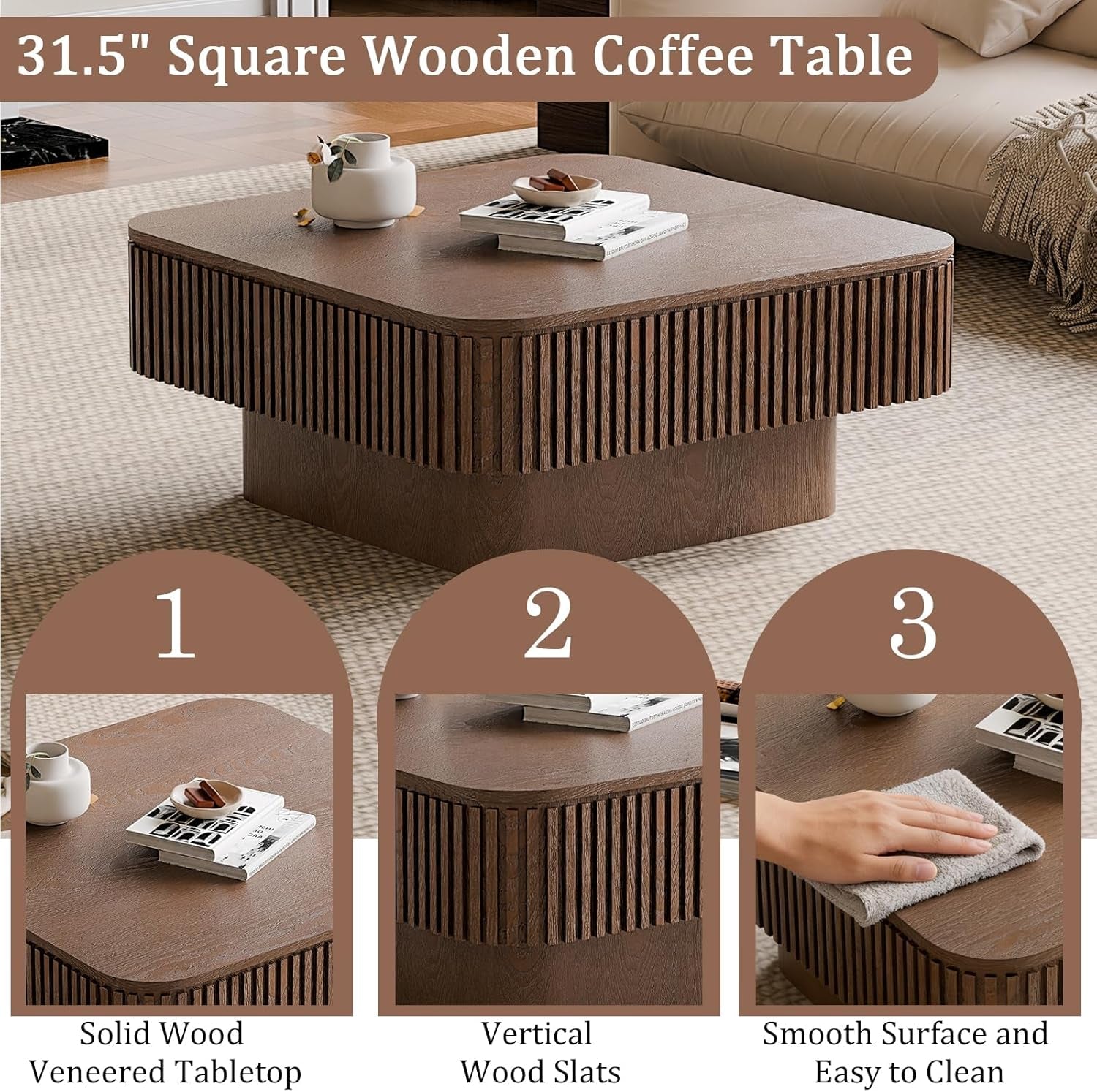 31.5" Square Wooden Coffee Table with features highlighted