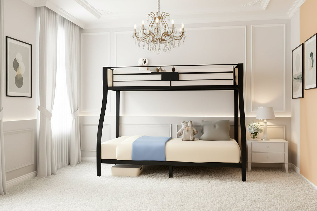 Bunk bed with a beige wall and lamp in a room setting