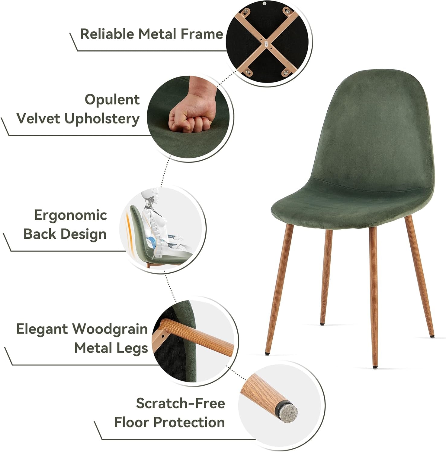 Green chair with features highlighted on a white background