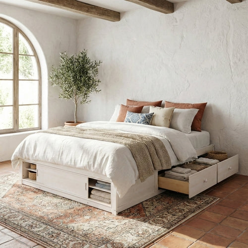 Platform Bed Frame with 4 Storage Drawers and Footboard Storage Cubby,
