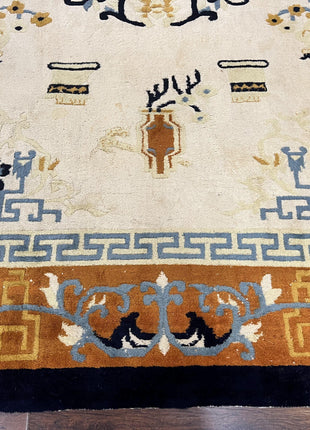 Indo Chinese Rug 9x12, Asian Oriental Carpet 9 x 12, Cream & Burnt Orange, Handmade Wool Vintage Art Deco Rug-4