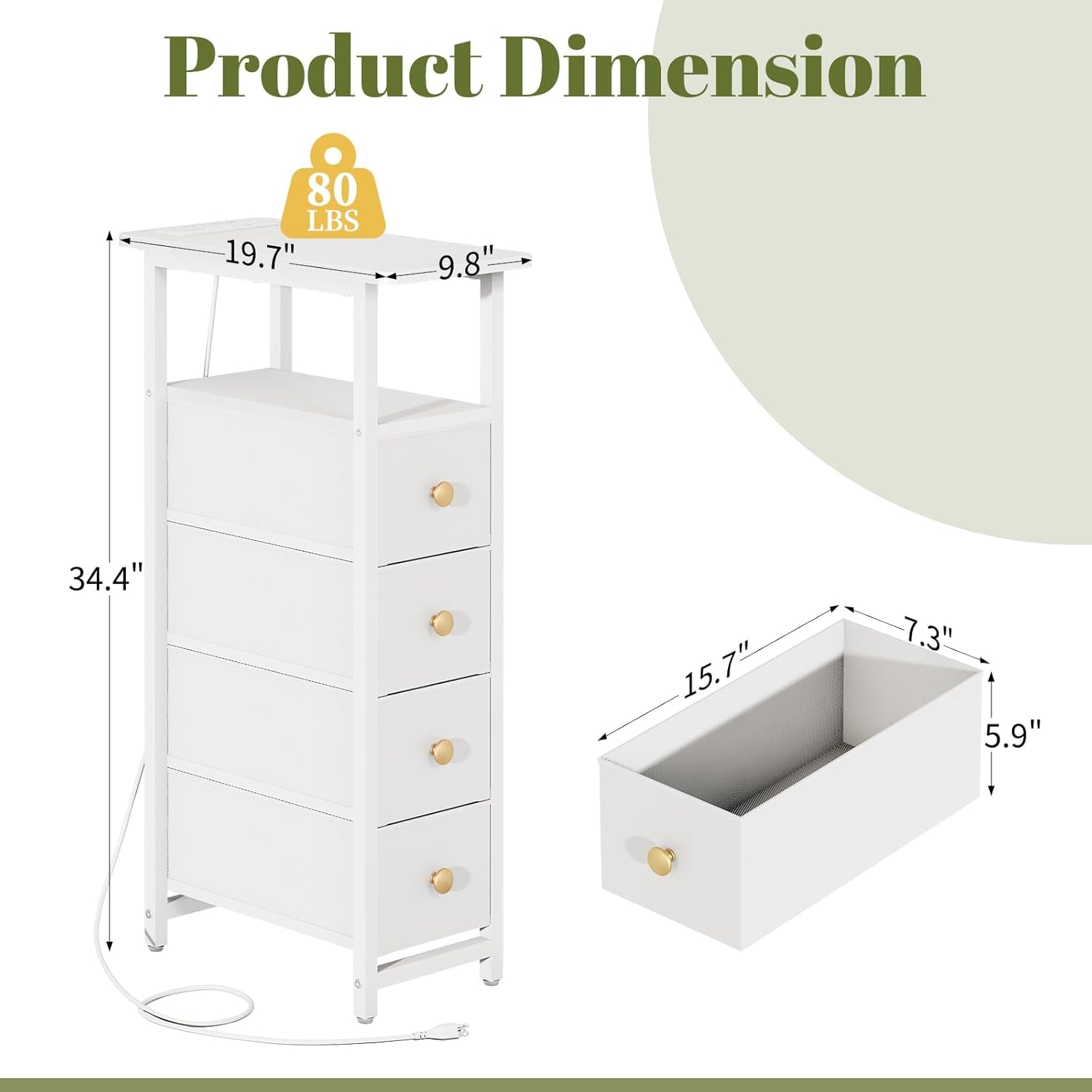White dresser with dimensions and weight capacity displayed