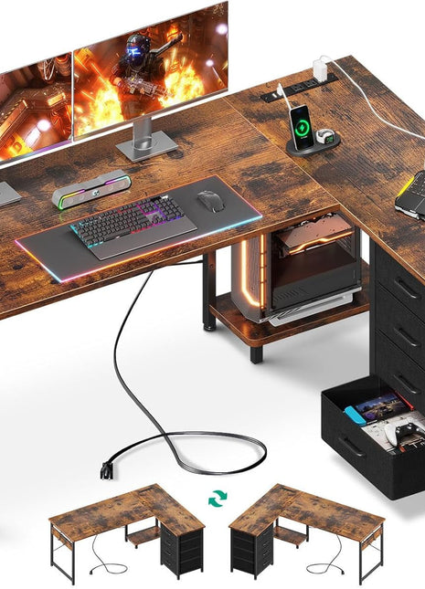 L Shaped Desk with 4 Tier Drawers, 53" Reversible Gaming Desk with Power Outlets, L Shaped Computer Desk with USB Charging Port and Host Stand, Home Office Corner Desk, Easy to Assemble, Vintage-0