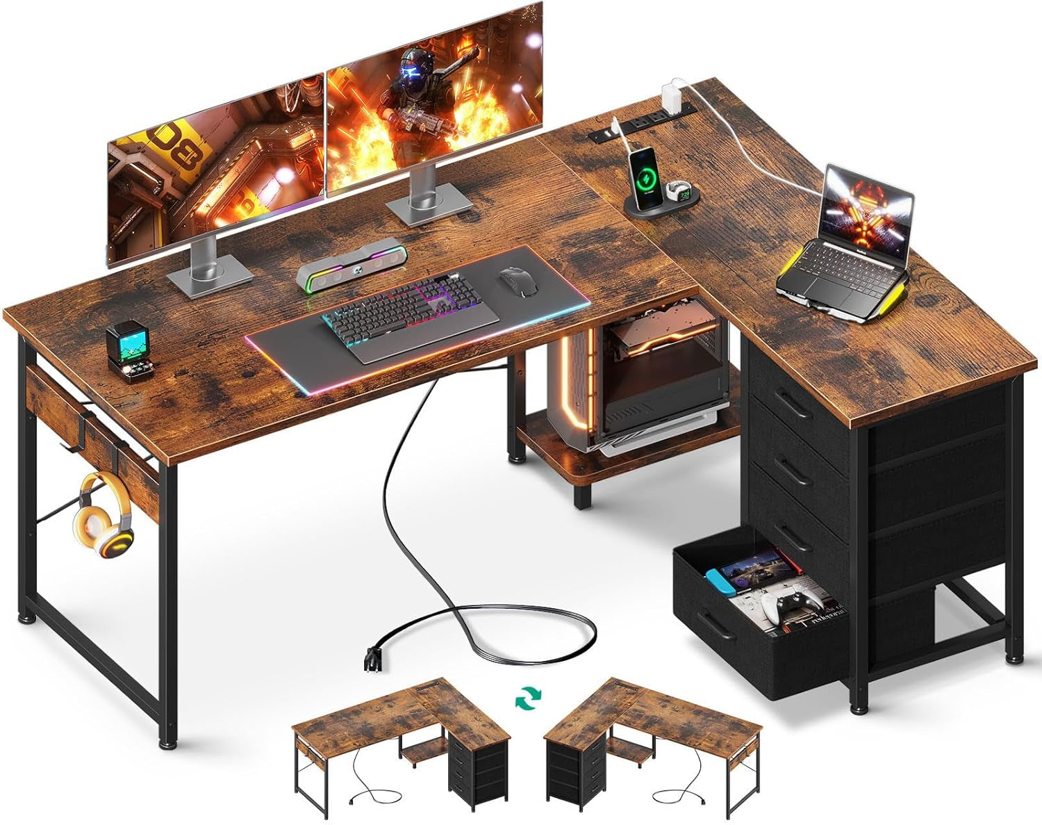 L Shaped Desk with 4 Tier Drawers, 53" Reversible Gaming Desk with Power Outlets, L Shaped Computer Desk with USB Charging Port and Host Stand, Home Office Corner Desk, Easy to Assemble, Vintage-0