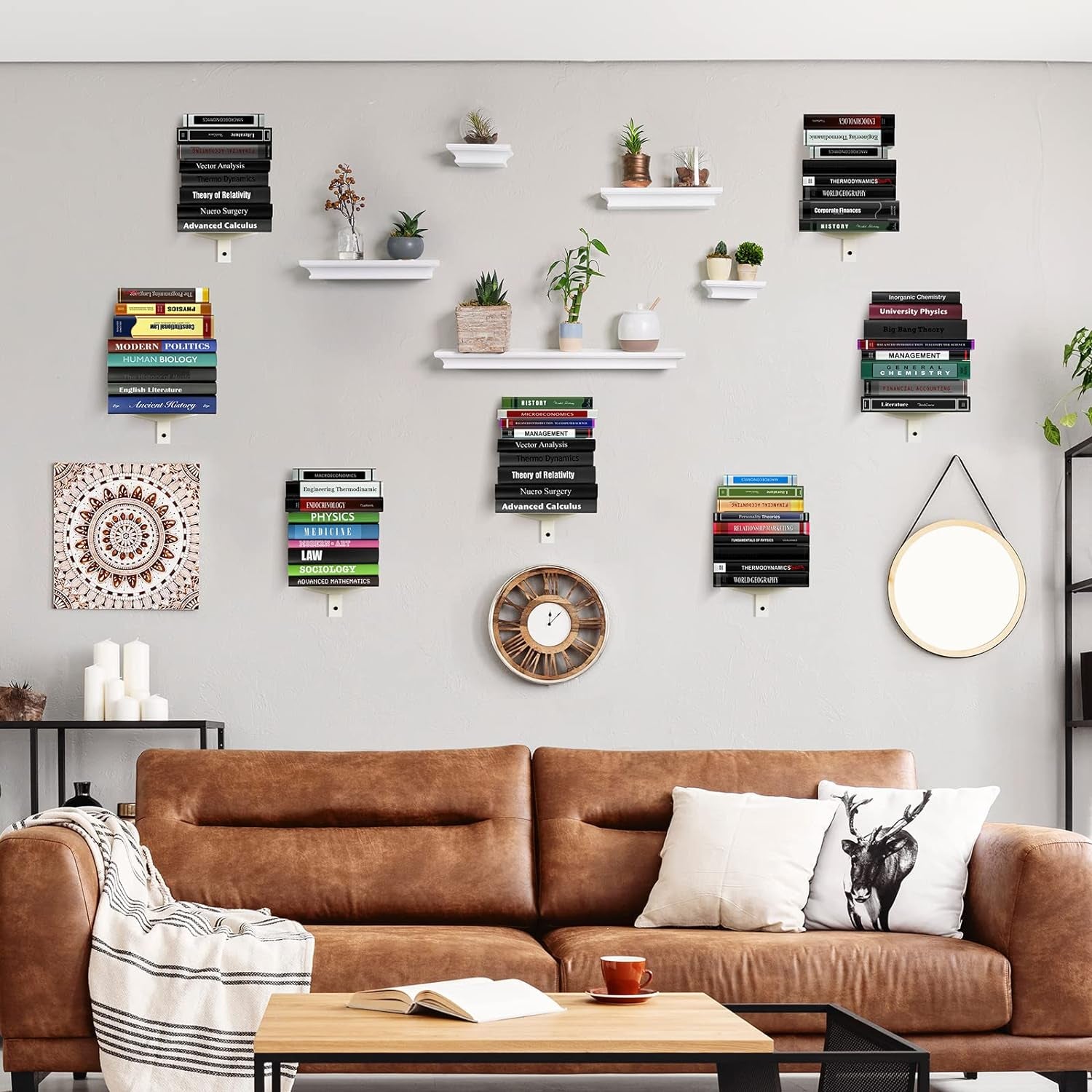 Invisible Floating Bookshelf for Wall Mounted, 8 Tier Vertical Spine Book Tower, Heavy-Duty Metal Book Organizers for Home Office, 4 Pack White