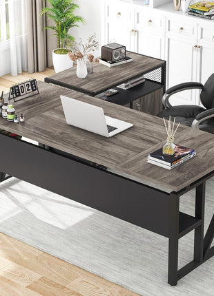 L Shaped Desk with Drawer Cabinet, 63" Executive Computer Desk and Lateral File Cabinet, 2 Piece Home Office Furniture with Drawers for Hanging File, Doors with Locks (Gray, 63 Inches)-0