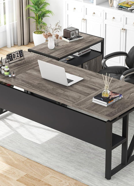 L Shaped Desk with Drawer Cabinet, 63" Executive Computer Desk and Lateral File Cabinet, 2 Piece Home Office Furniture with Drawers for Hanging File, Doors with Locks (Gray, 63 Inches)-0