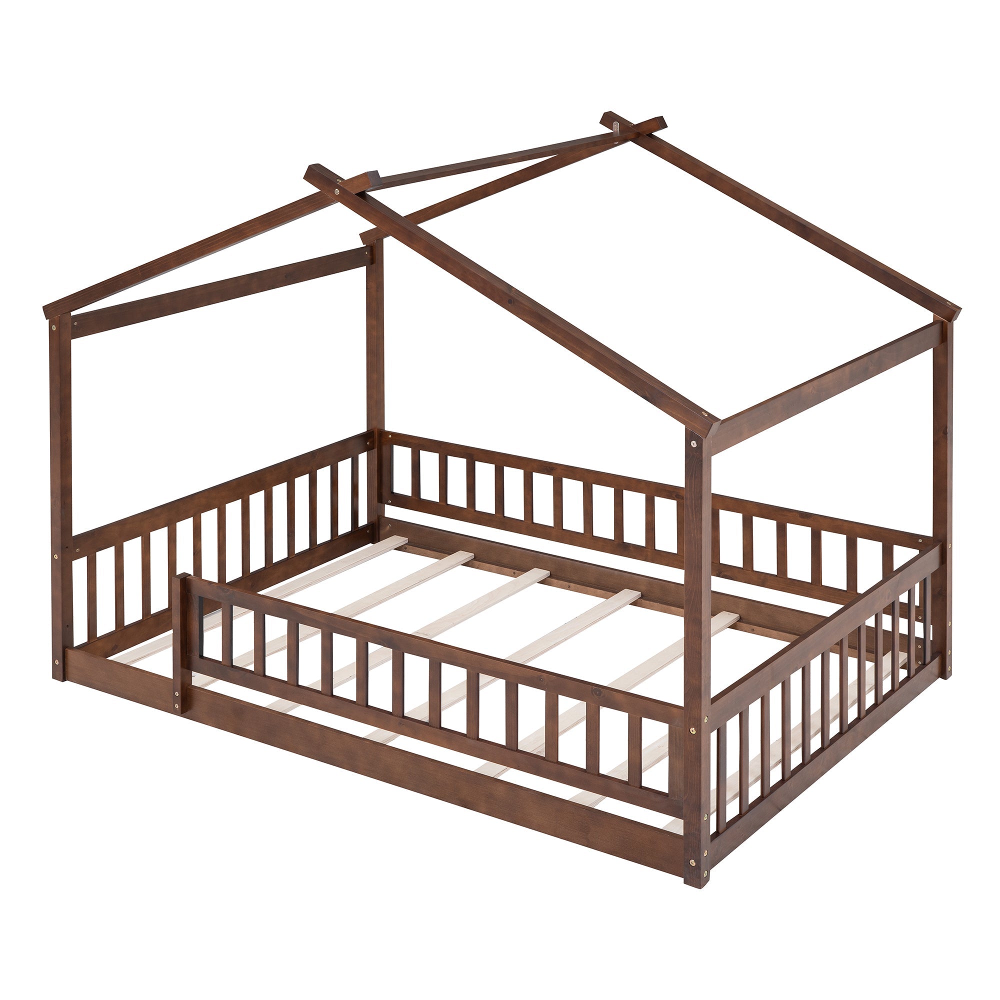 Wood Bed House Bed Frame with Fence, for Kids, Teens, Girls, Boys