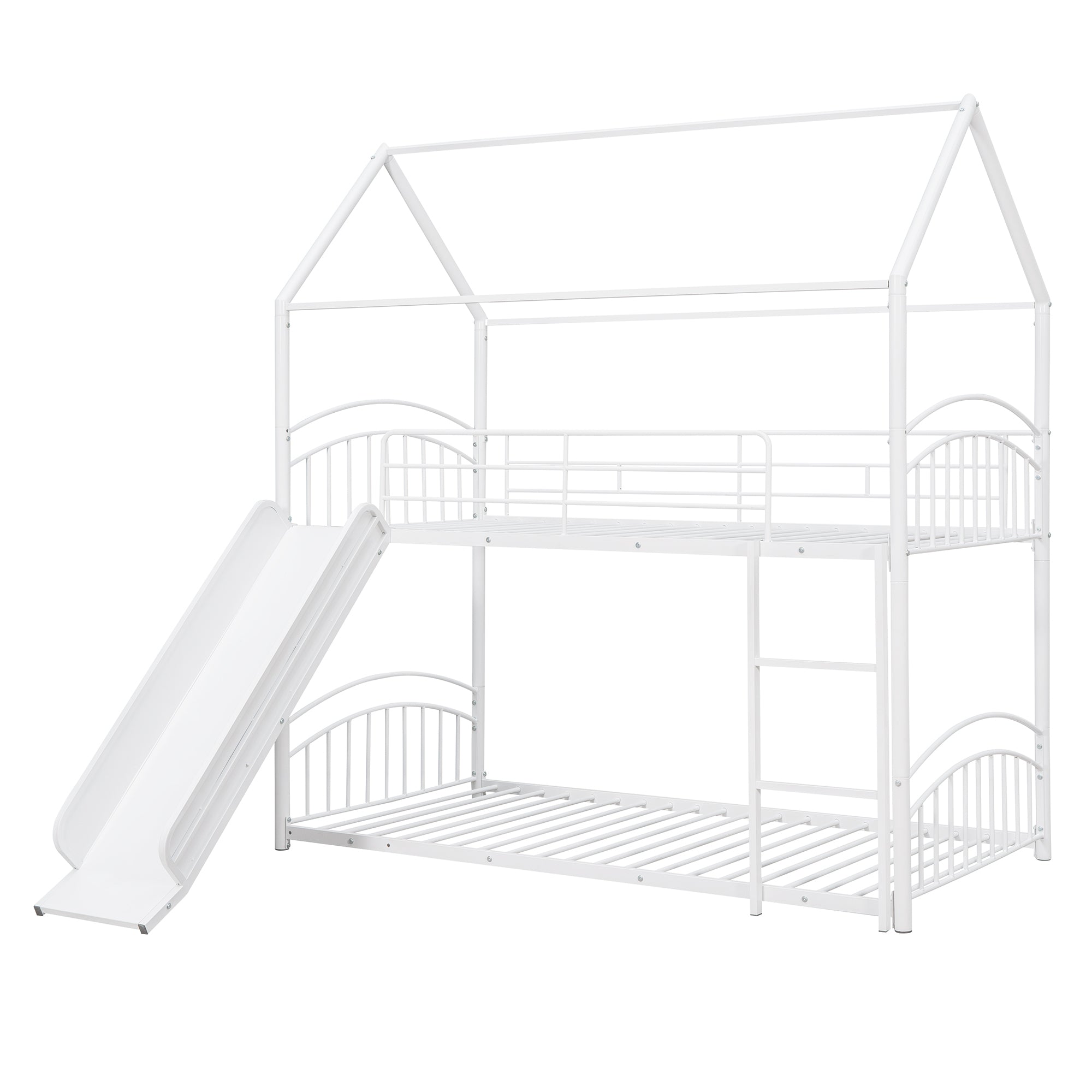 Twin Over Twin Metal Bunk Bed With Slide, Kids House Bed