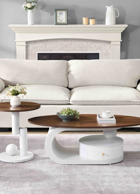 Luxury Nesting Coffee Table Set of 2,  Tables with Storage for Living Room, Oval and Round Table Set, White Center Table, Cocktail Table, Side Table,  Large 47.24'', Small 19.69''-0