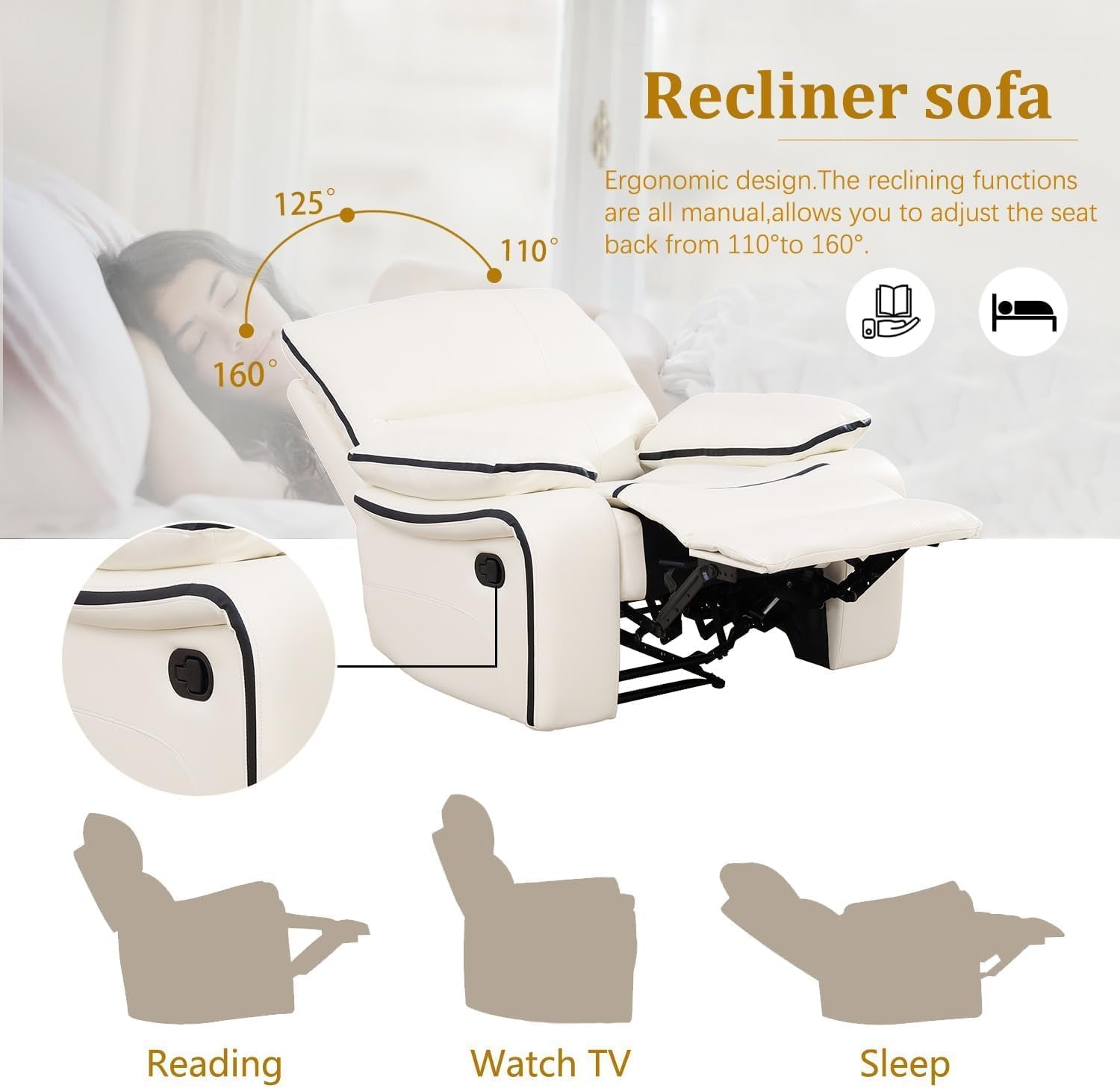 Leather Recliner Sofa Set, Bonded Leather Couch Set,Manual Couch Set for Living Room, Living Room Furniture Set with Storage Console for Living Room Office Home (Creamy White, Sofa+Loveseat+Chair)-2