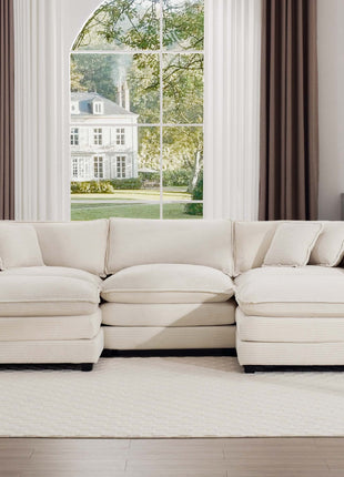 Oversized Modular Cushion Sofa with Ottomans, Comfy Upholstered U-Shaped Convertible Corner Sectional Sofa, Light Beige Corduroy-4