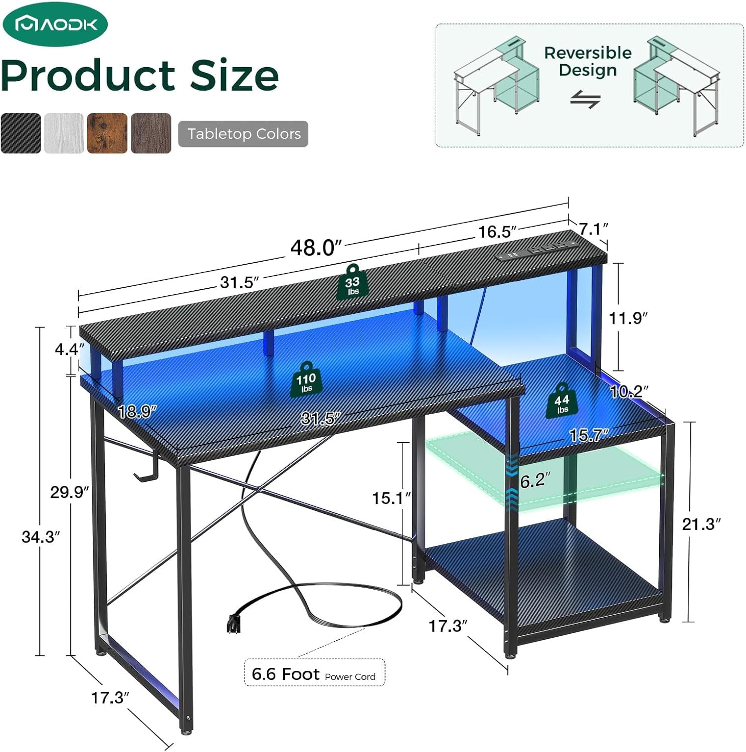 Computer Desk, 48 Inch Gaming Desk with Led Lights & Power Outlet, Office Desk with Printer Storage Shelves, Reversible Desk with Monitor Shelf & Headphone Hook, Carbon Fiber Black-2