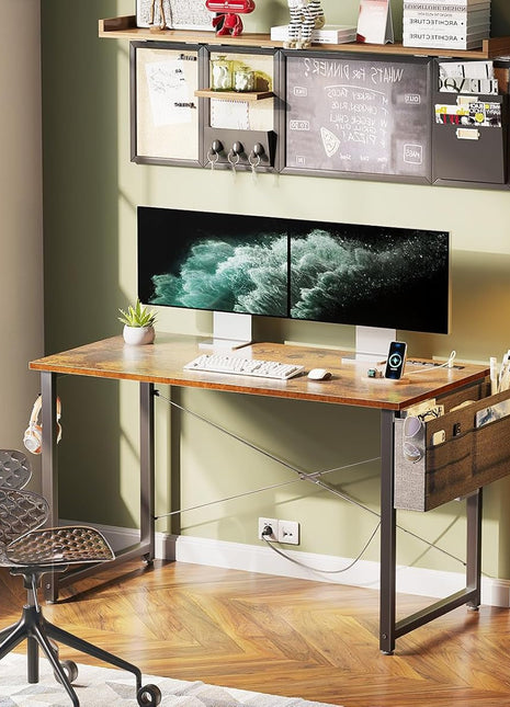 Small Desk with Power Outlets and USB Port Computer Desk for Home Office Gaming Simple Modern Style Writing Desks with Storage Bag Headphone Hook, 40 Inch, Rustic Brown-1