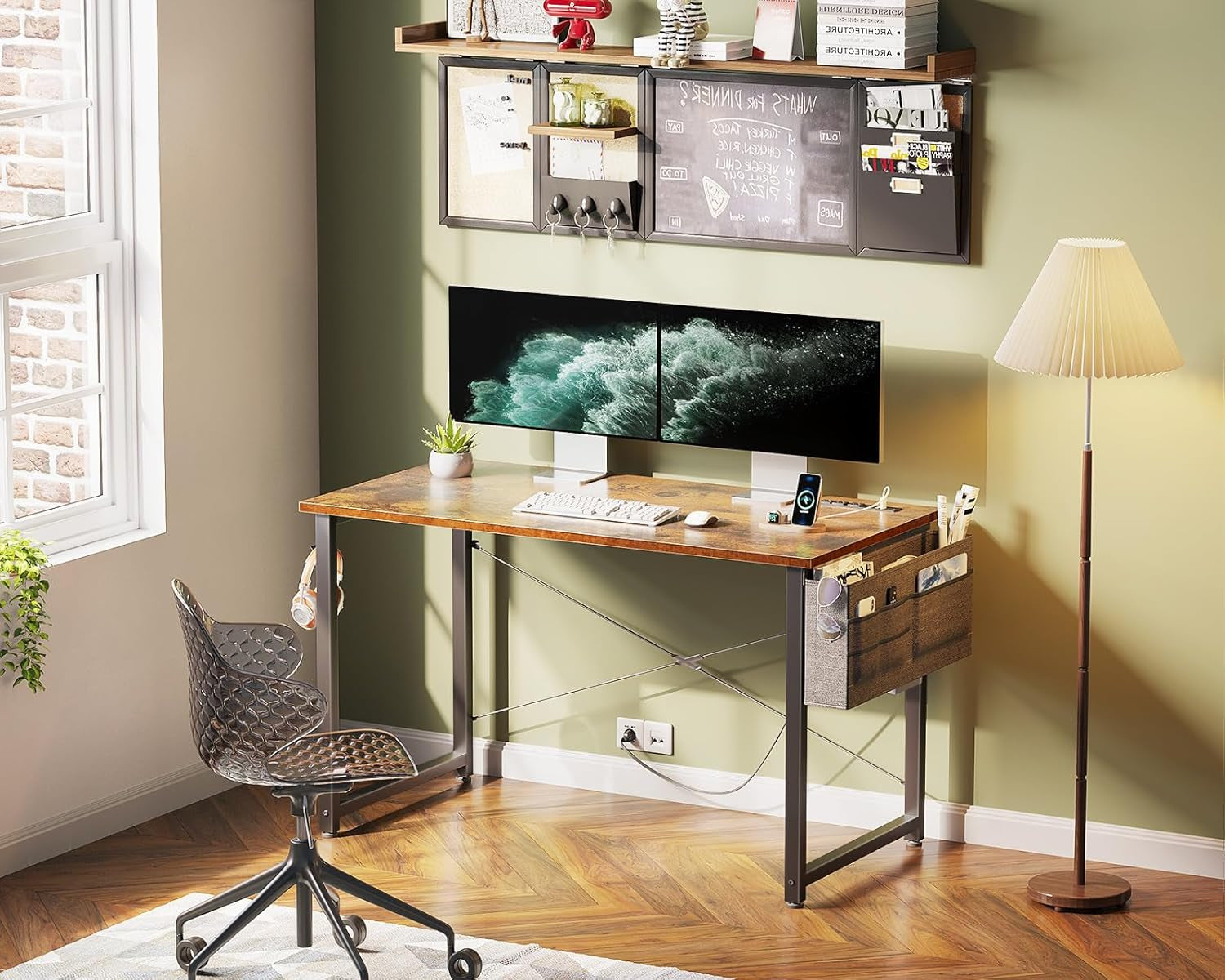 Small Desk with Power Outlets and USB Port Computer Desk for Home Office Gaming Simple Modern Style Writing Desks with Storage Bag Headphone Hook, 40 Inch, Rustic Brown-1