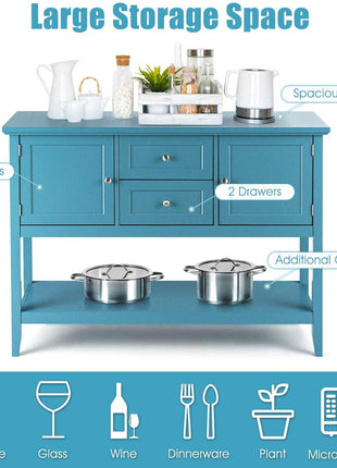 Aqua Wood Buffet Sideboard with Cabinets and Drawers