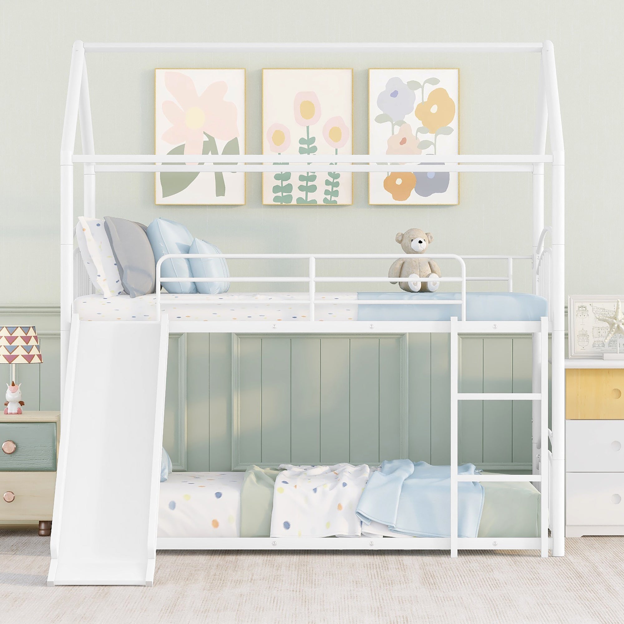 Twin Over Twin Metal Bunk Bed With Slide, Kids House Bed