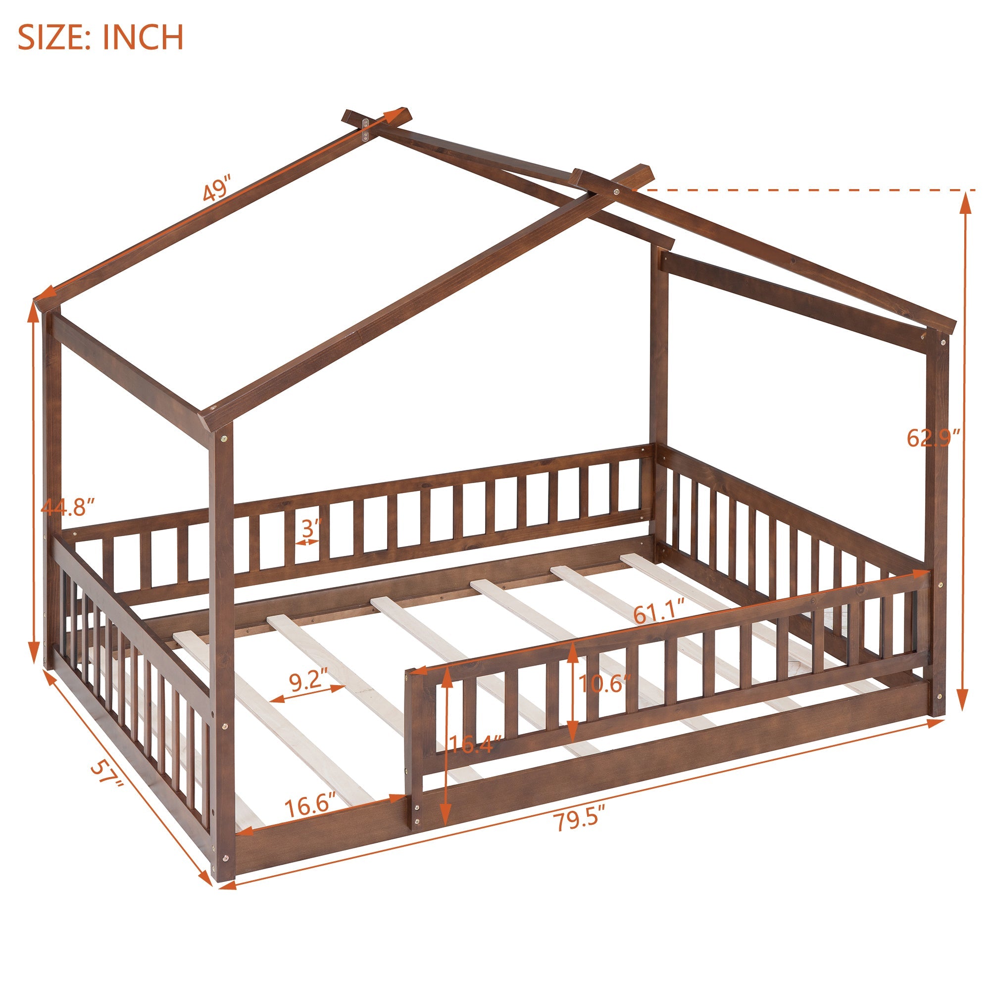 Wood Bed House Bed Frame with Fence, for Kids, Teens, Girls, Boys