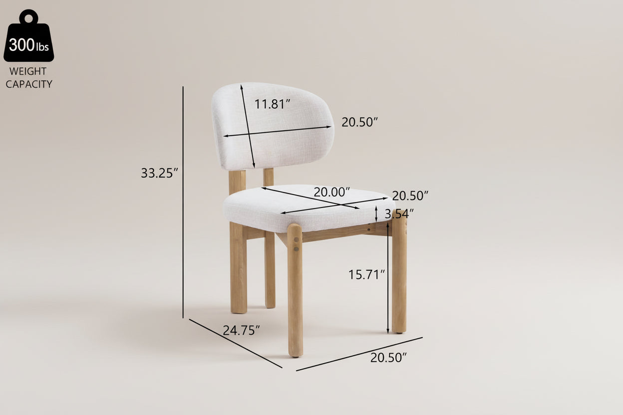 White chair with measurements and weight capacity label on a white background