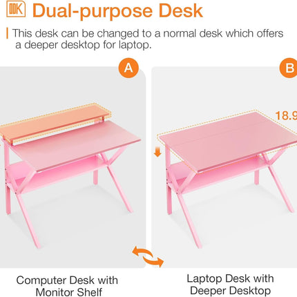 Small Desk, 27.5 Inch Small Computer Desk for Small Spaces, Compact Desk with Storage, Tiny Desk Study Desk with Monitor Stand for Home Office, Pink-3