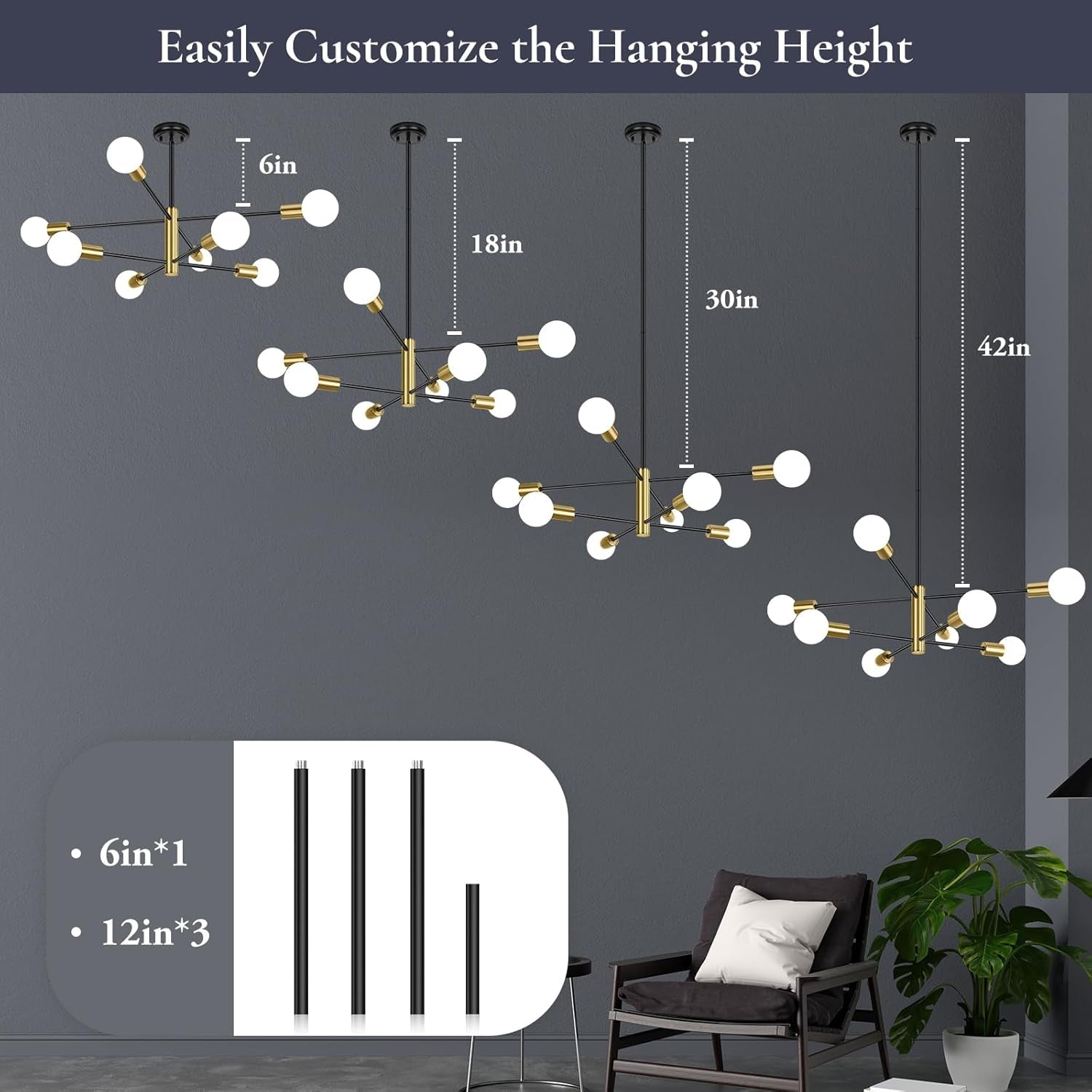 Chandelier with customizable hanging height measurements against a dark wall.
