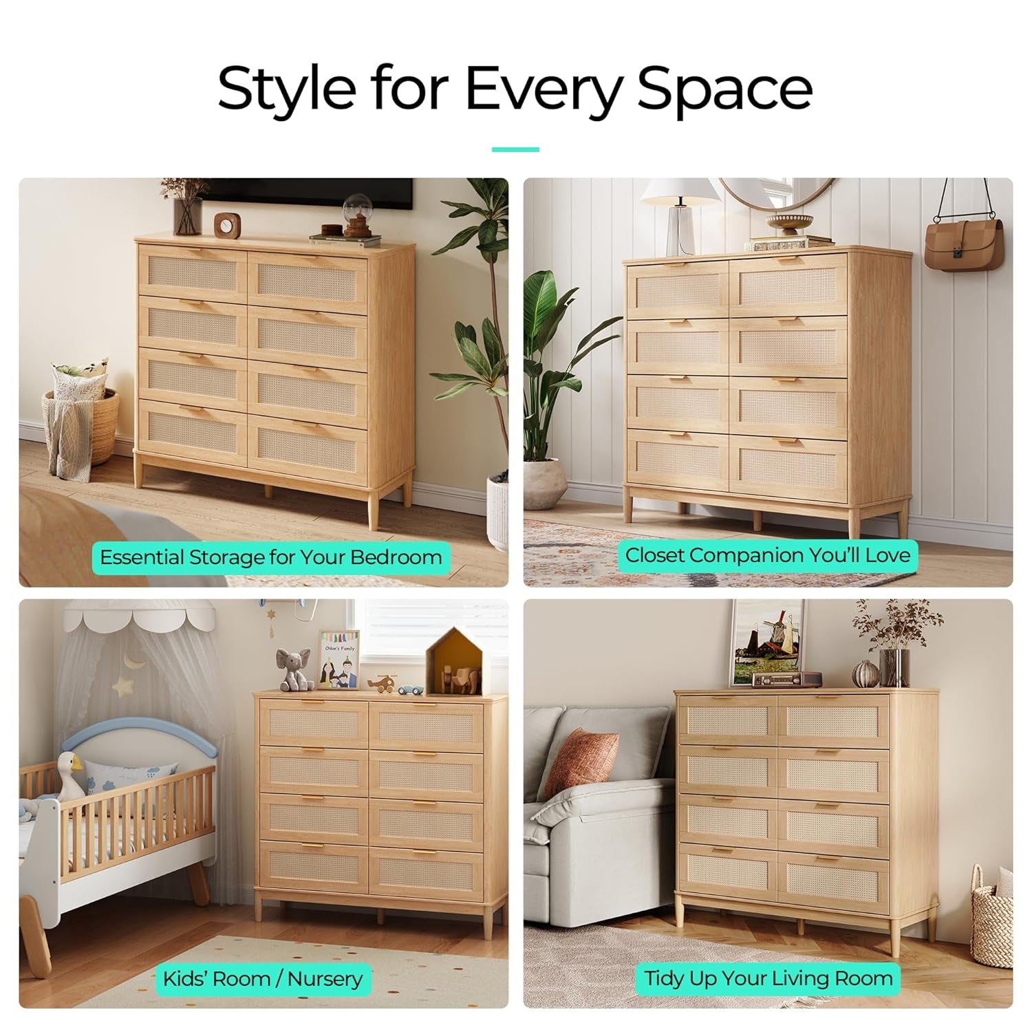 Wooden dresser shown in various room settings with text indicating its use.