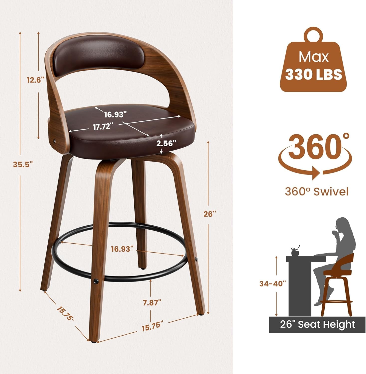 Bar stool with dimensions and features on a white background