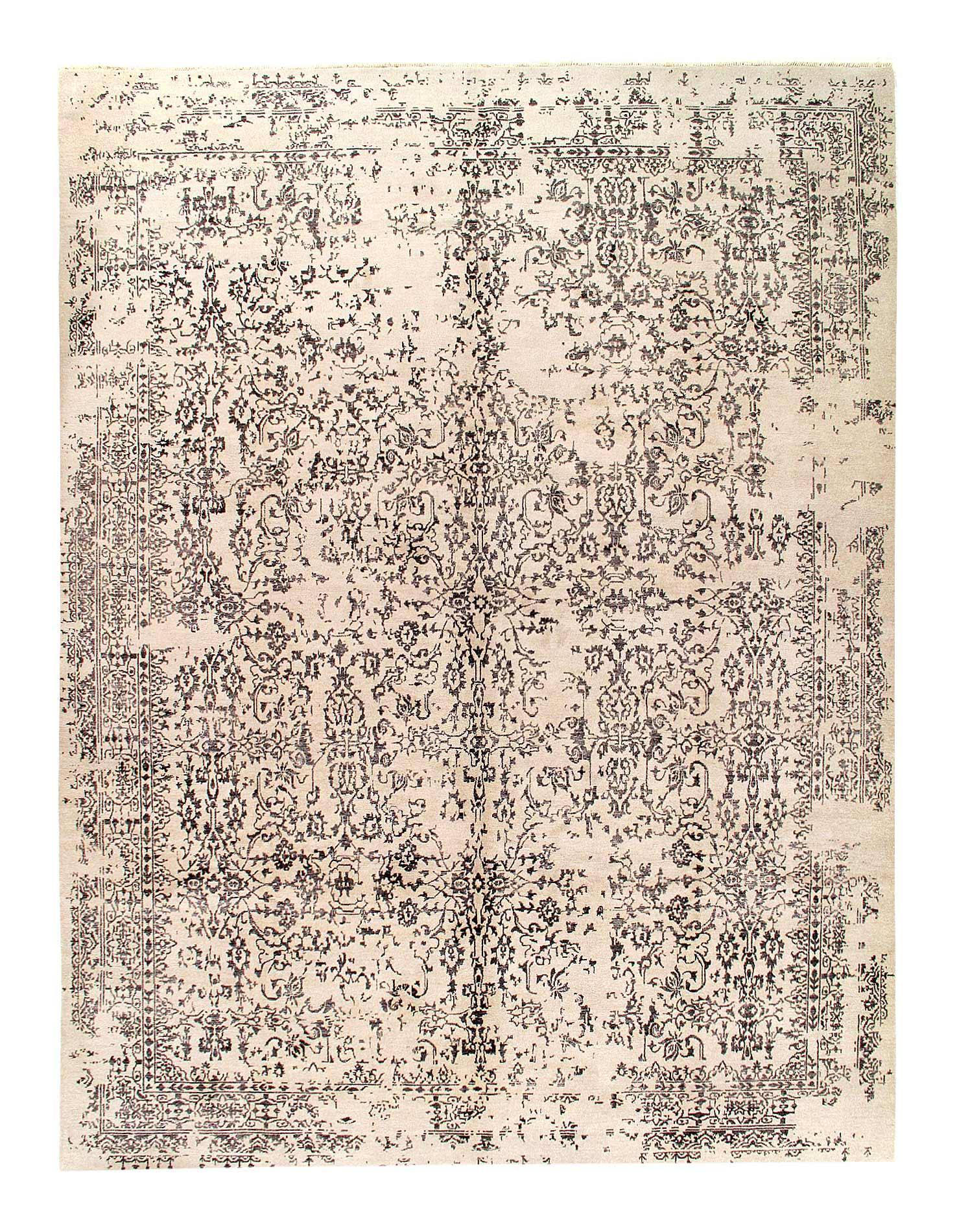 Patterned rug with beige and black design on a plain background