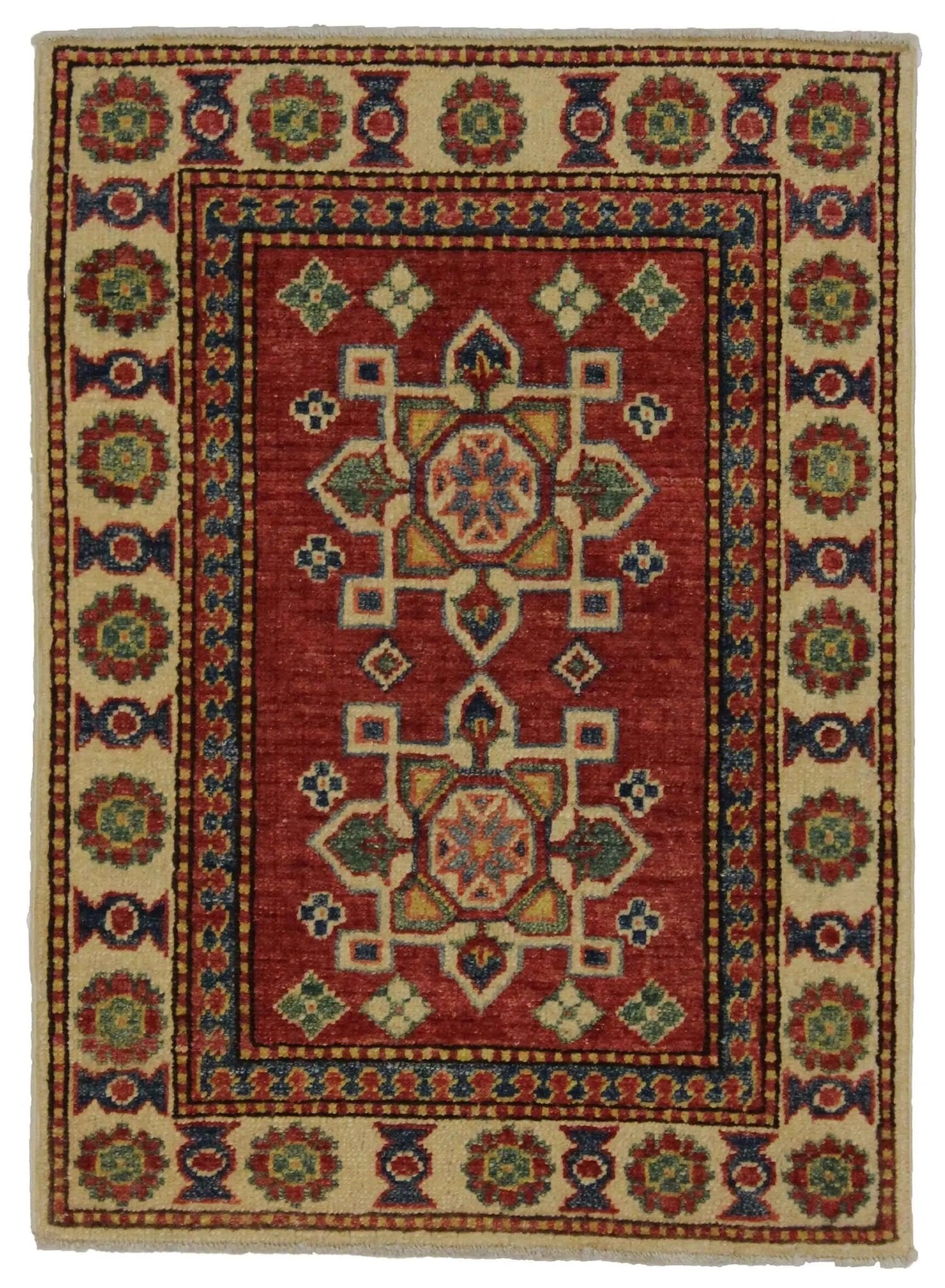 Decorative rug with a central red medallion and colorful border on a white background