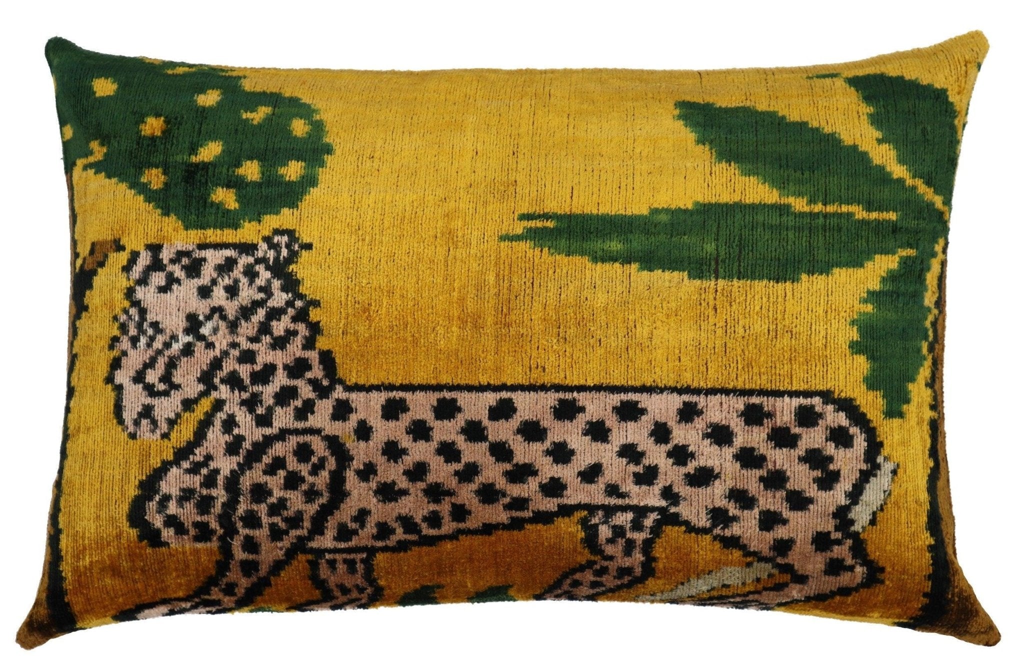 Decorative pillow with a leopard design on a yellow background
