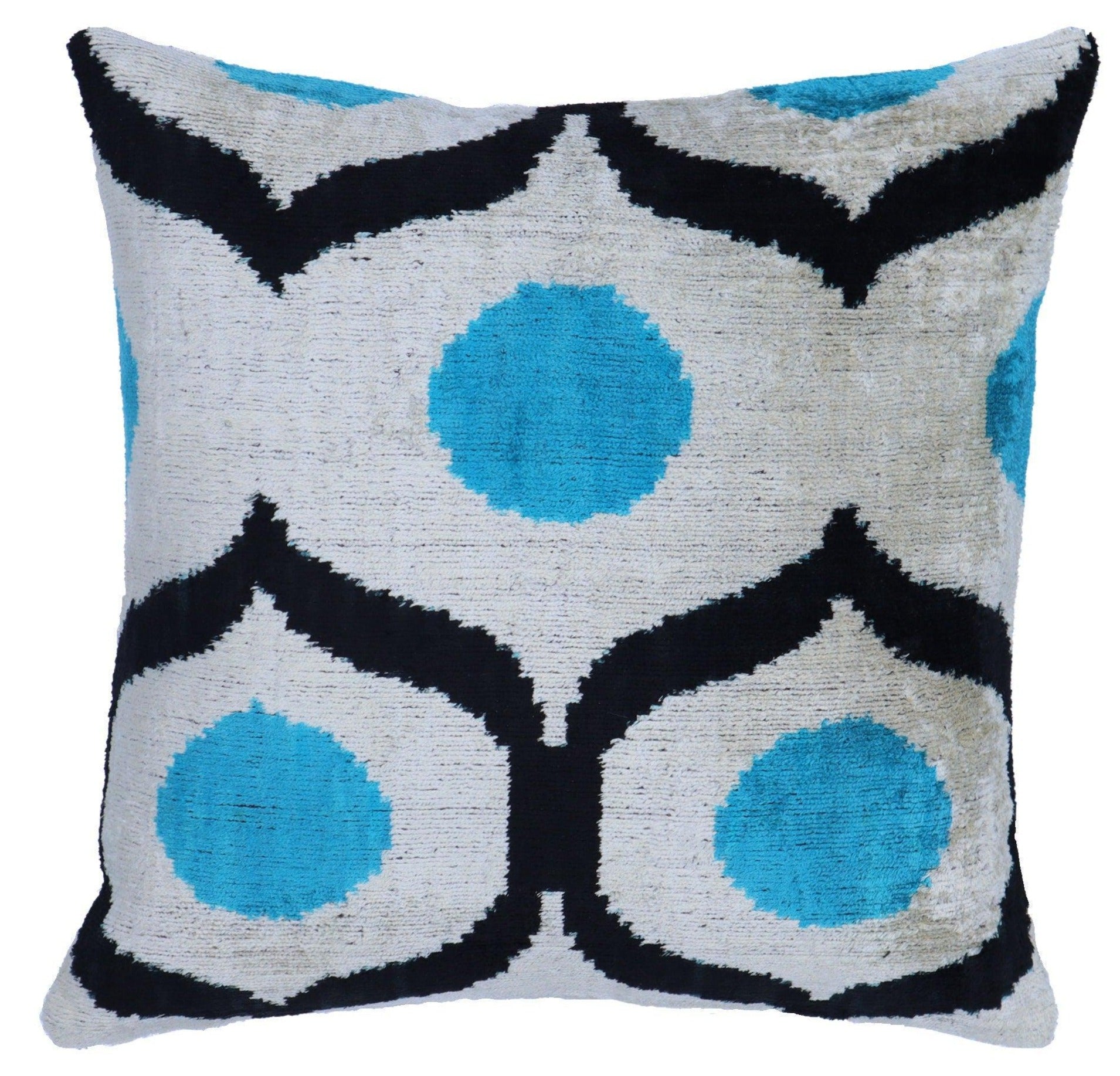 Decorative pillow with blue and black pattern on a white background