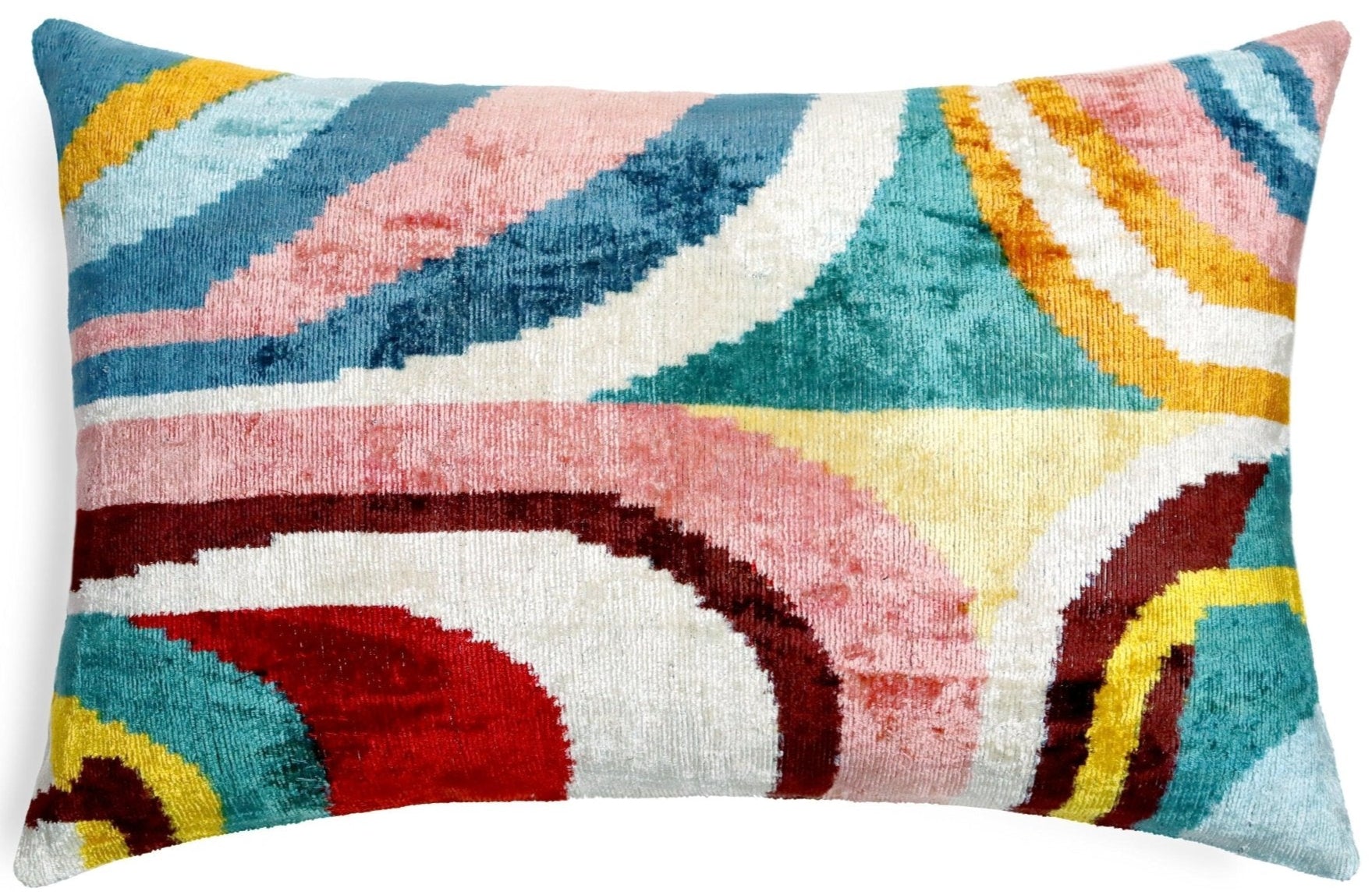 Colorful abstract patterned pillow with a white background