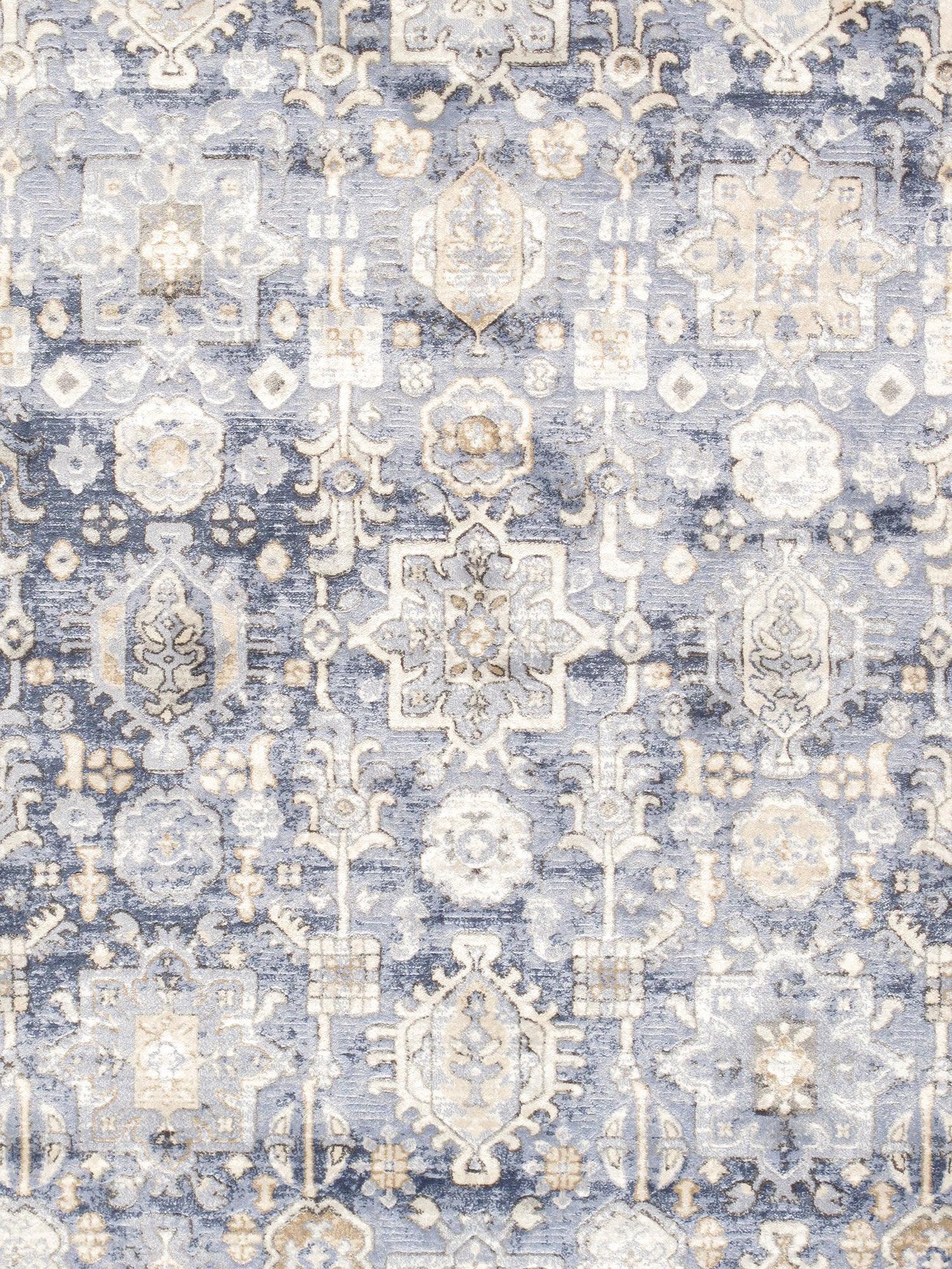 Patterned rug with blue and beige colors